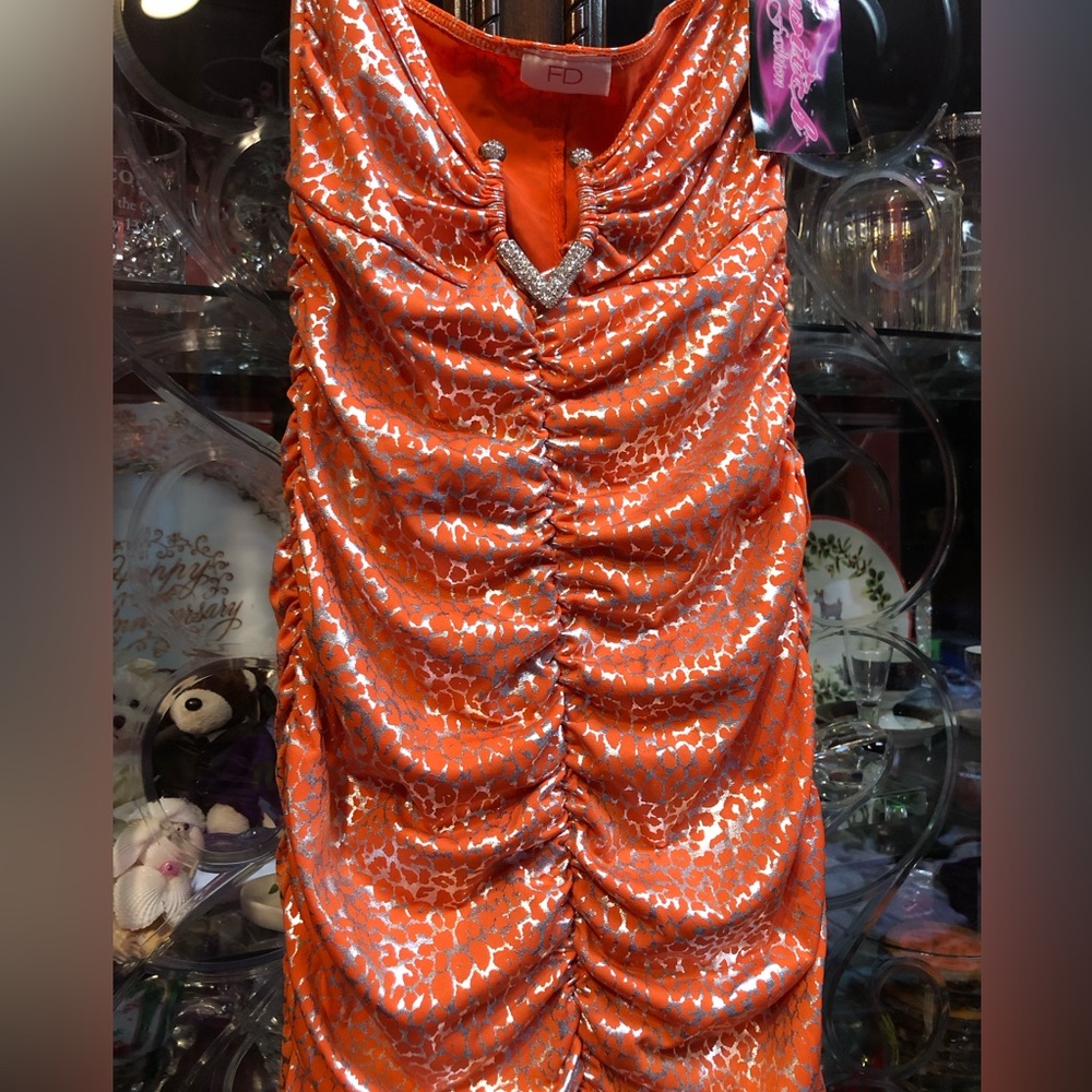 Orange and Silver Metallic Ruched Sleeveless Dress